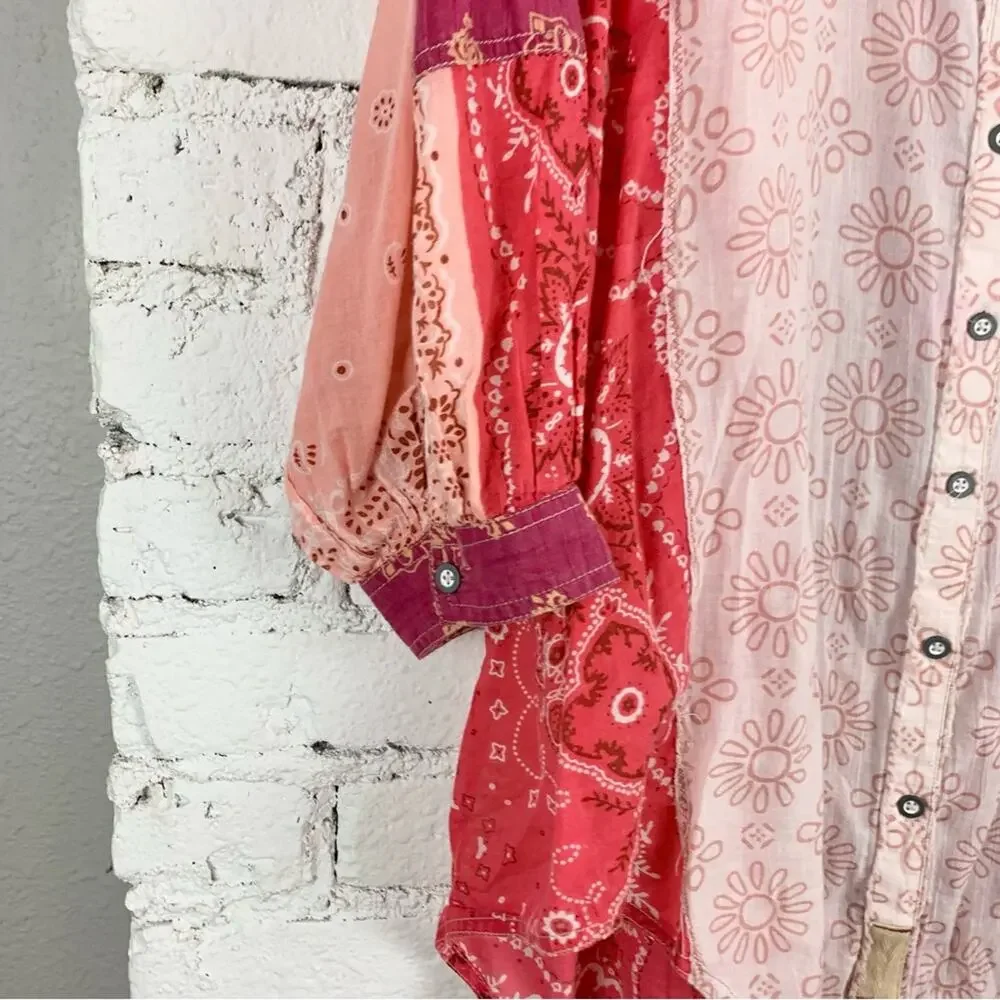 Free People Red and Cream Patchwork Bandana Button-Up Blouse